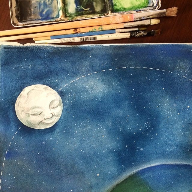 Working on illustrations this morning for a sweet (child-written!) story about a friendly old moon and lost little star. Who knew painting hundreds of little dots could be so fun?